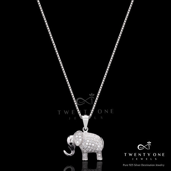 Solid Micro Setting Lucky Elephant Pendant with Chain on Pure 925 Silver