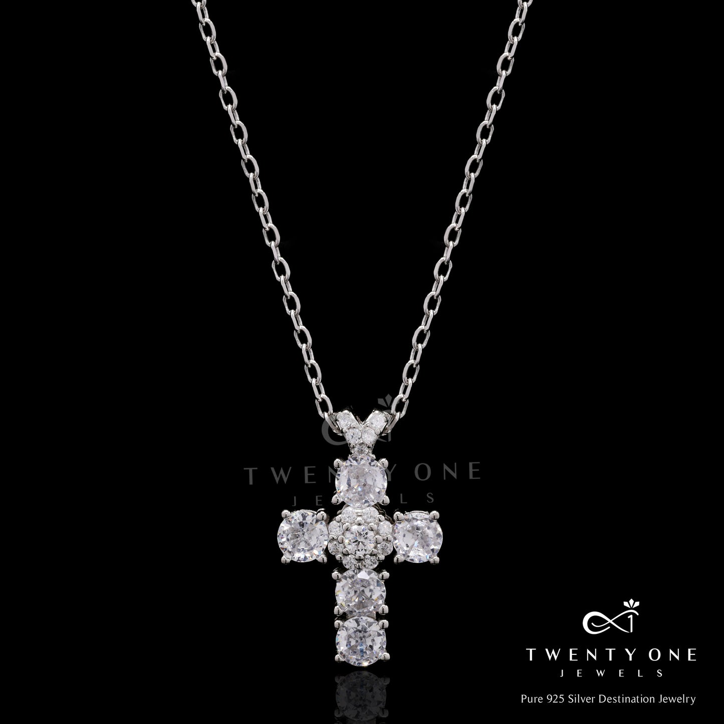 American Diamond Studded Bento Cross Pendant with Chain On Pure 925 Silver