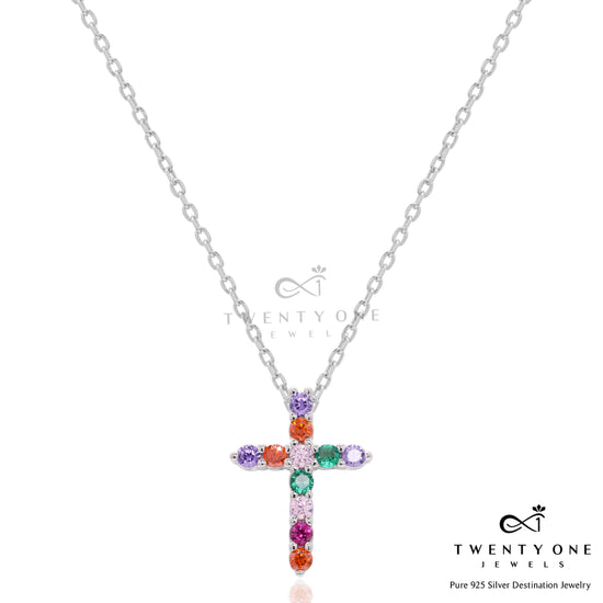 Multi Coloured Rainbow Diamond Cross Pendant with Chain on Pure 925 Silver