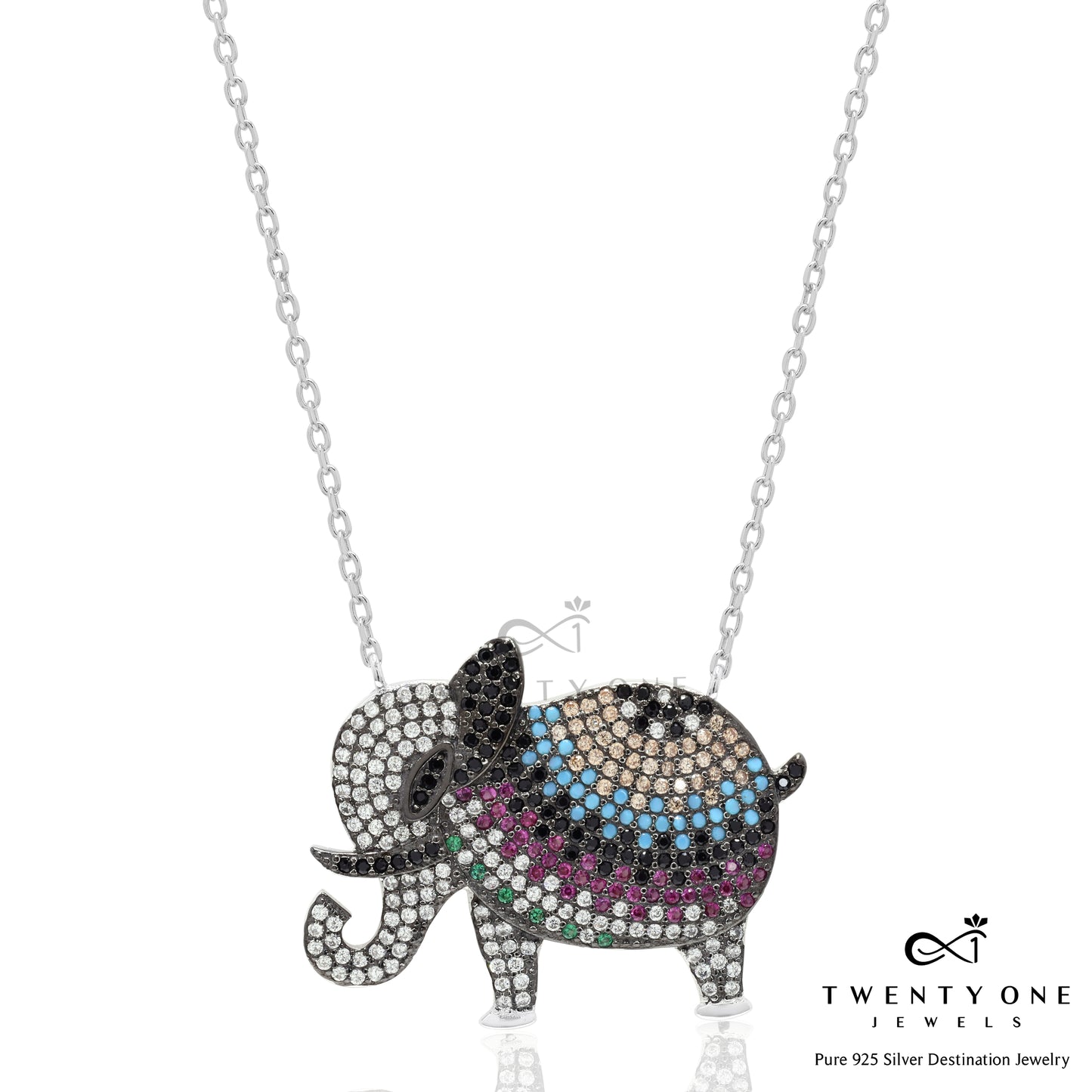 Premium Colourful Lucky Elephant Antique Finish Pendant Set with Chain on Pure 925 Silver