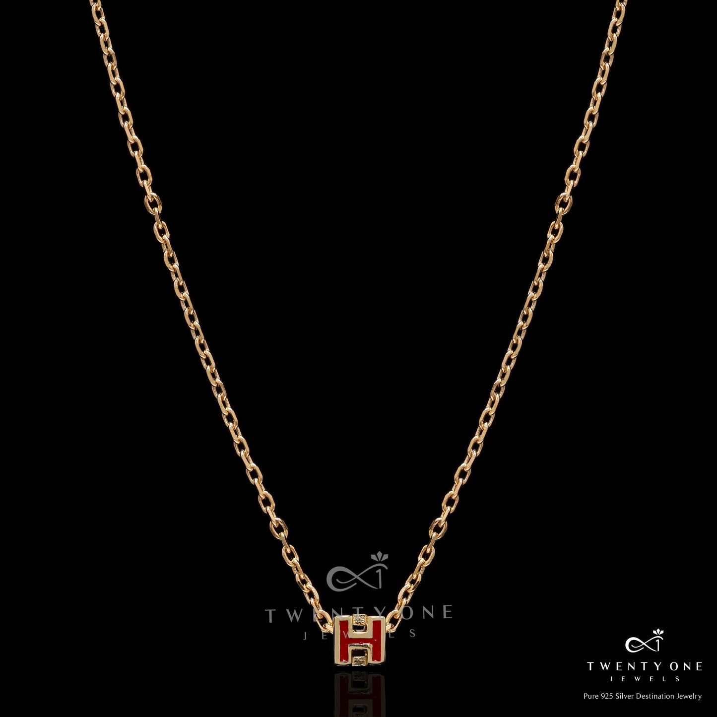 18k Gold Finish H Pendant with Chain on Pure 925 Silver