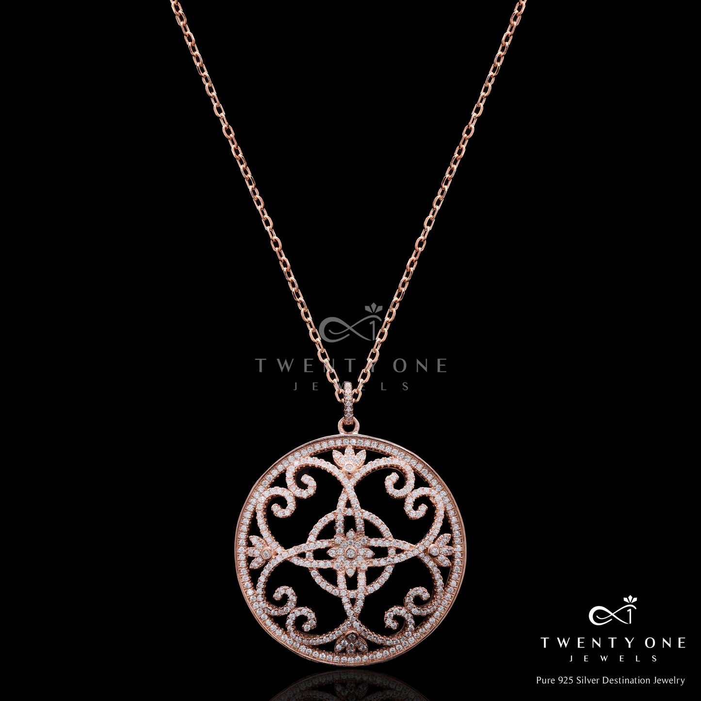 Rose Gold Finish Crysta Premium Pendant with Chain on Pure 925 Silver