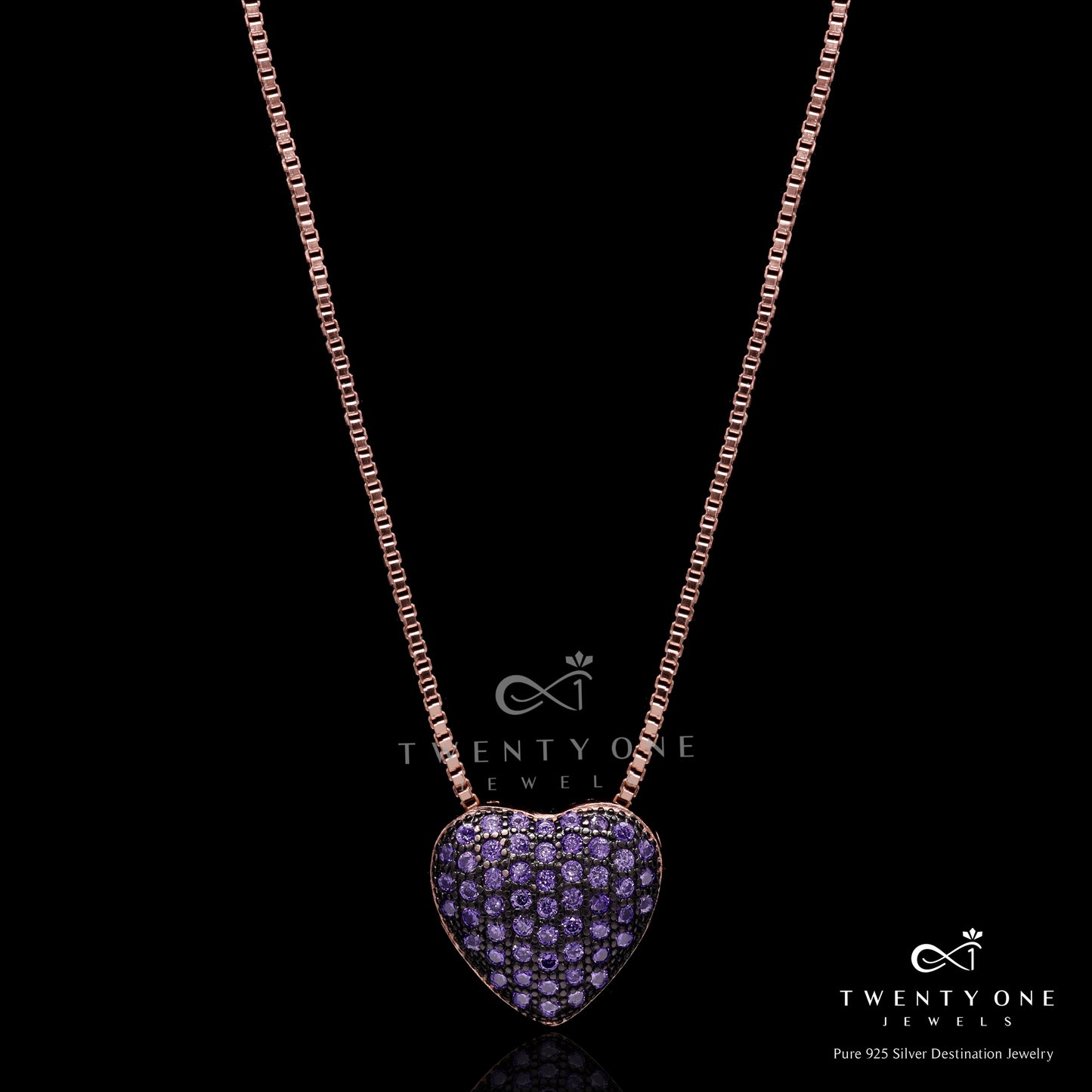 Rose Gold Purple Heart Pendant with Chain on Pure 925 Silver