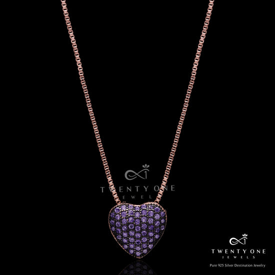 Rose Gold Purple Heart Pendant with Chain on Pure 925 Silver