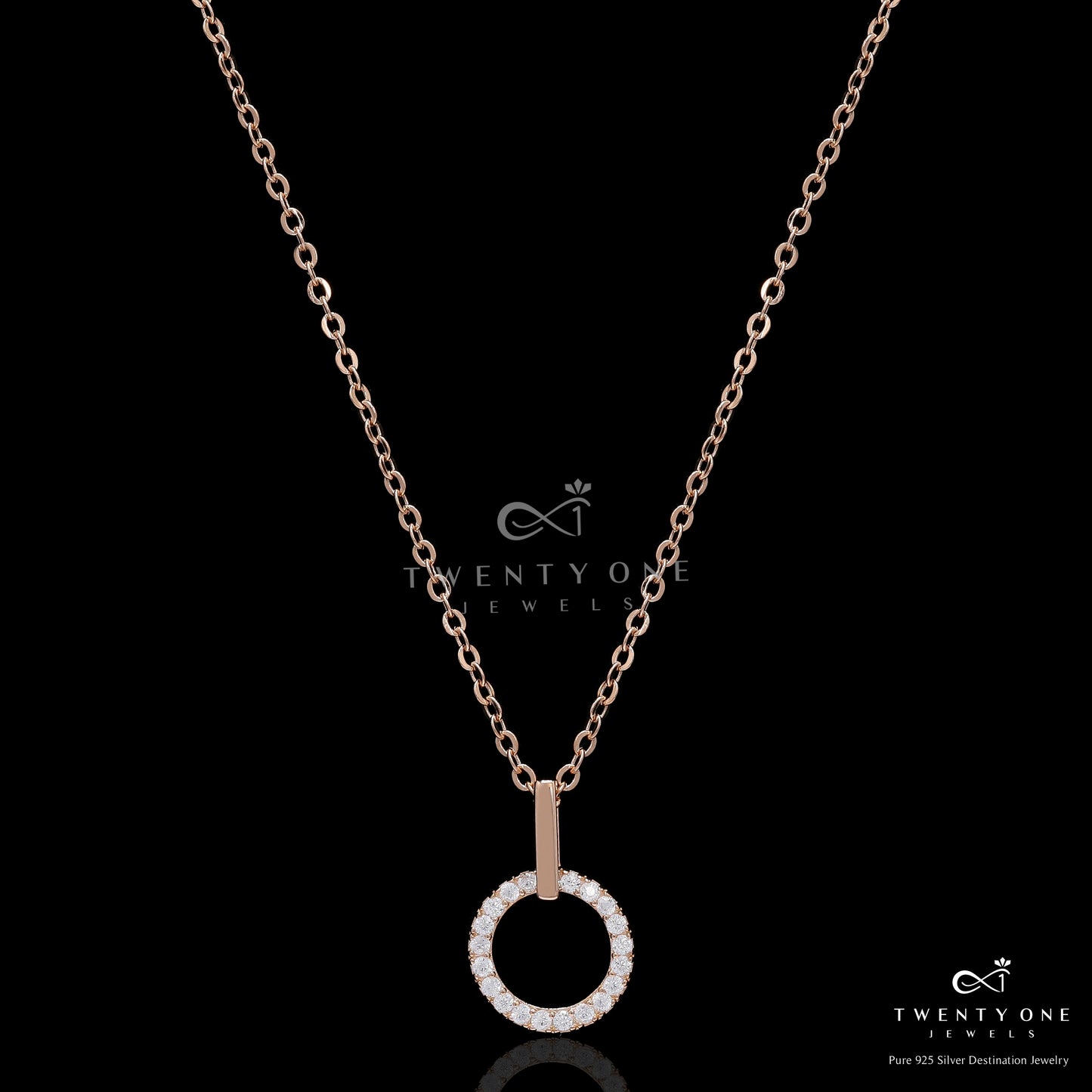 Rose Gold American Diamond Studded Gary Pendent with Chain on Pure 925 Silver