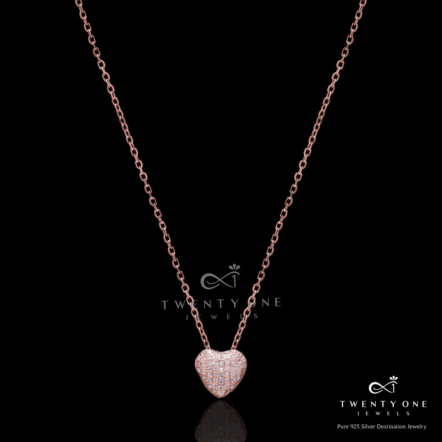 Rose Gold Audrey Heart Pendant with Chain on Pure 925 Silver.