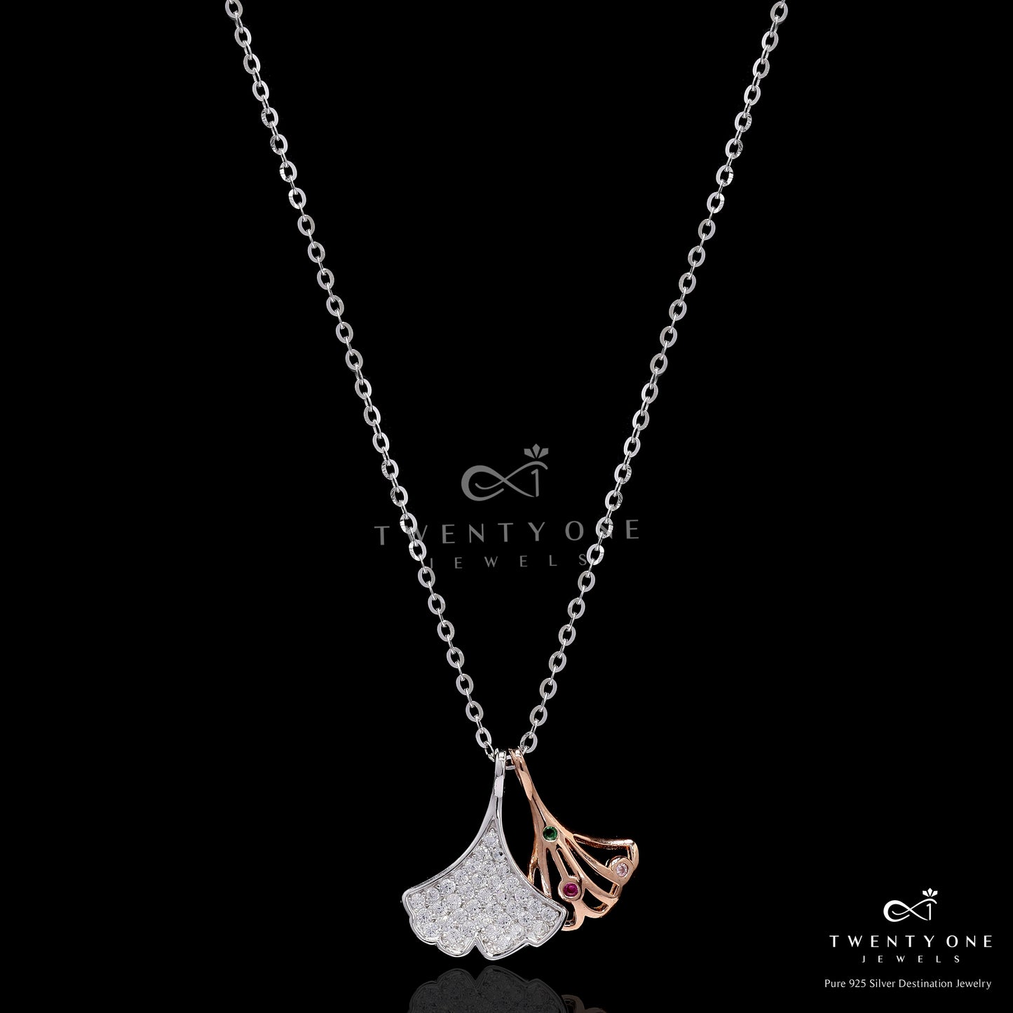 American Diamond Studded  Dual Tone Jeffrey Pendent with Chain on Pure 925 Silver