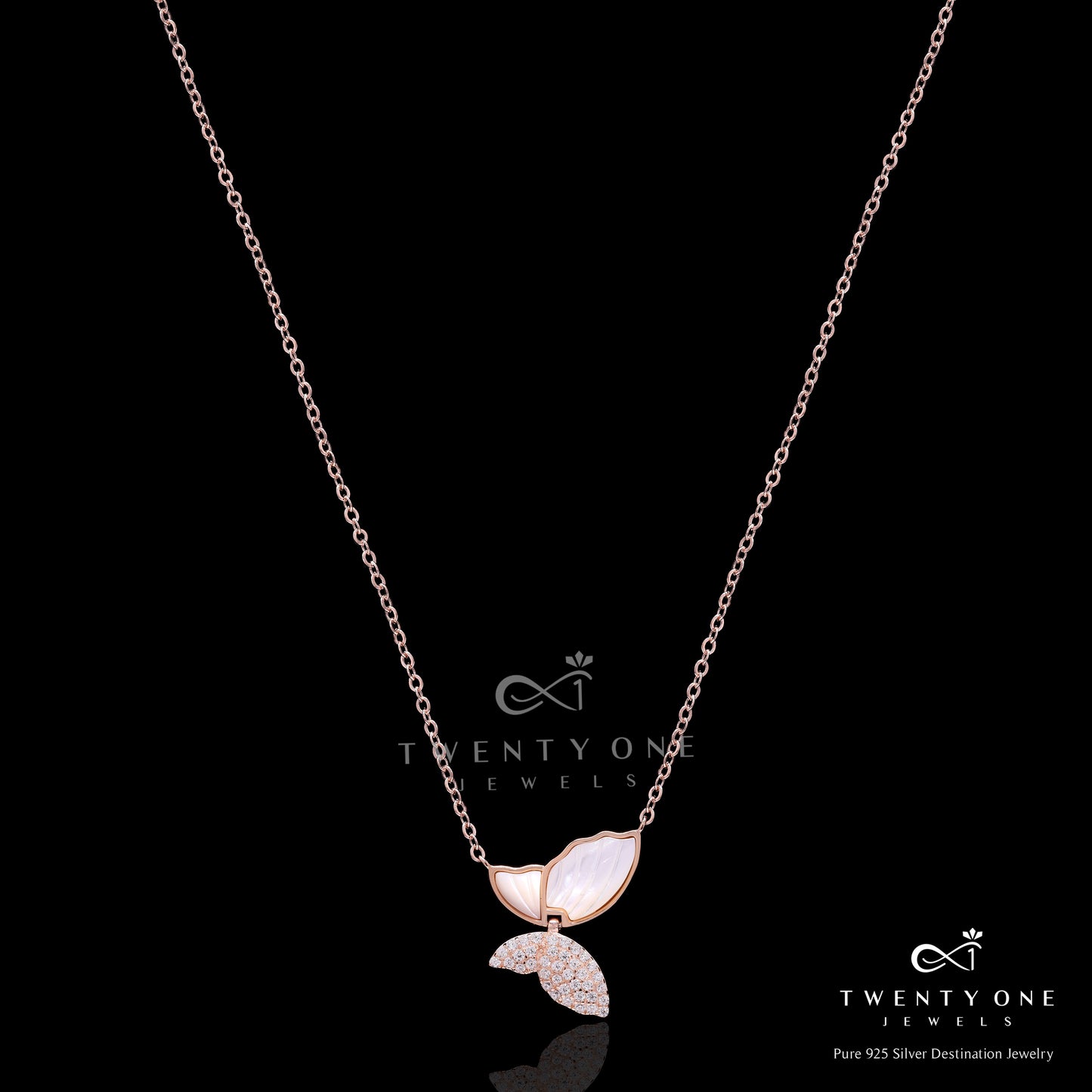 Rose Gold Finish American Diamond Studded Mother Pearl Butterfly Serena Pendent with Chain on Pure 925 Silver.