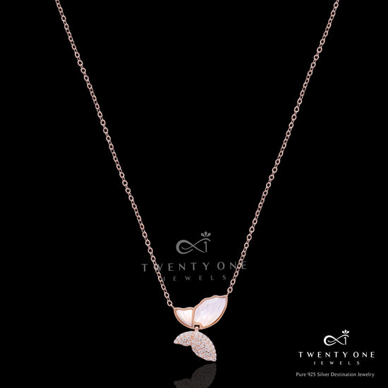 Rose Gold Finish American Diamond Studded Mother Pearl Butterfly Serena Pendent with Chain on Pure 925 Silver.