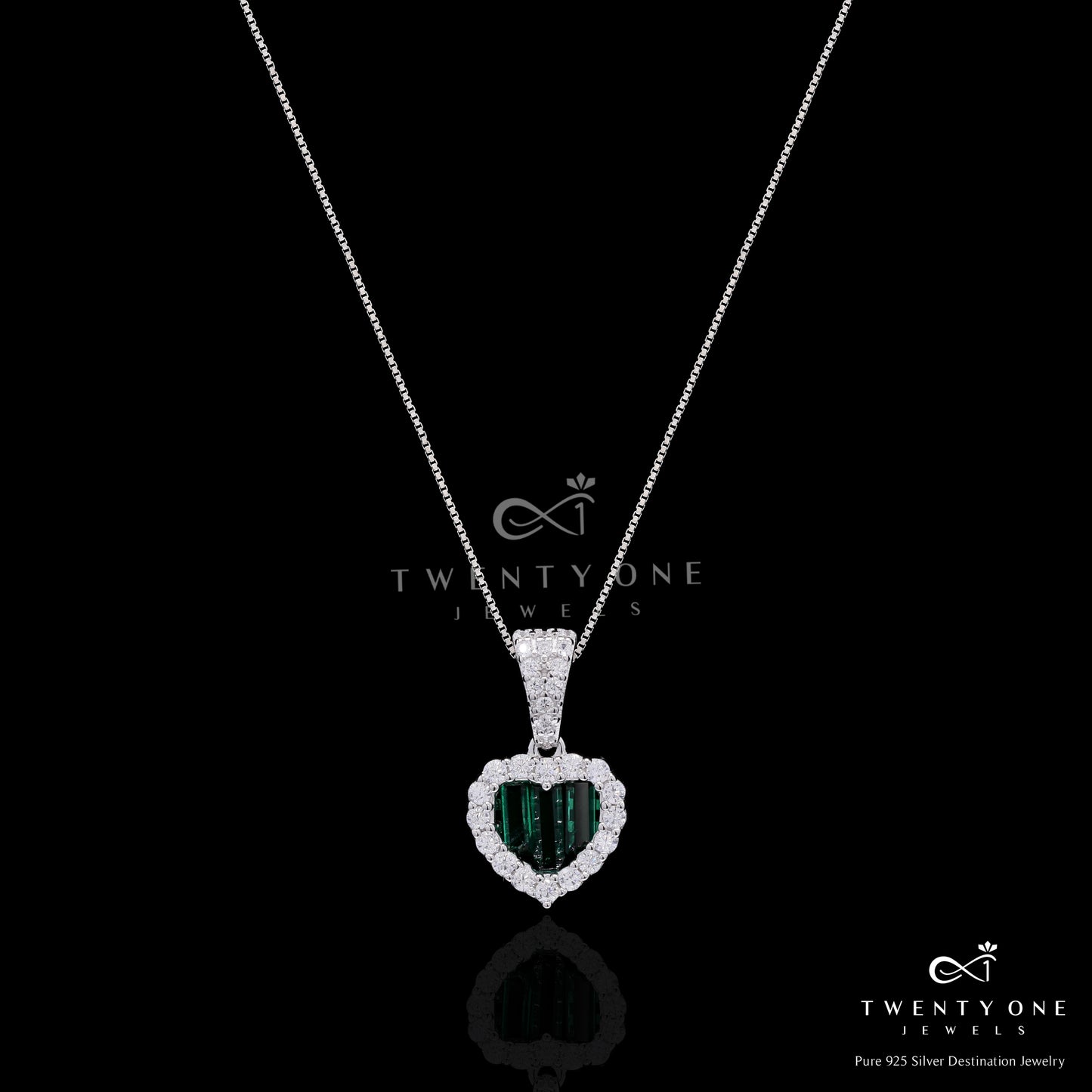 Green Emerald Baguette American Diamond Heart Pendant Set on Pure 925 Silver