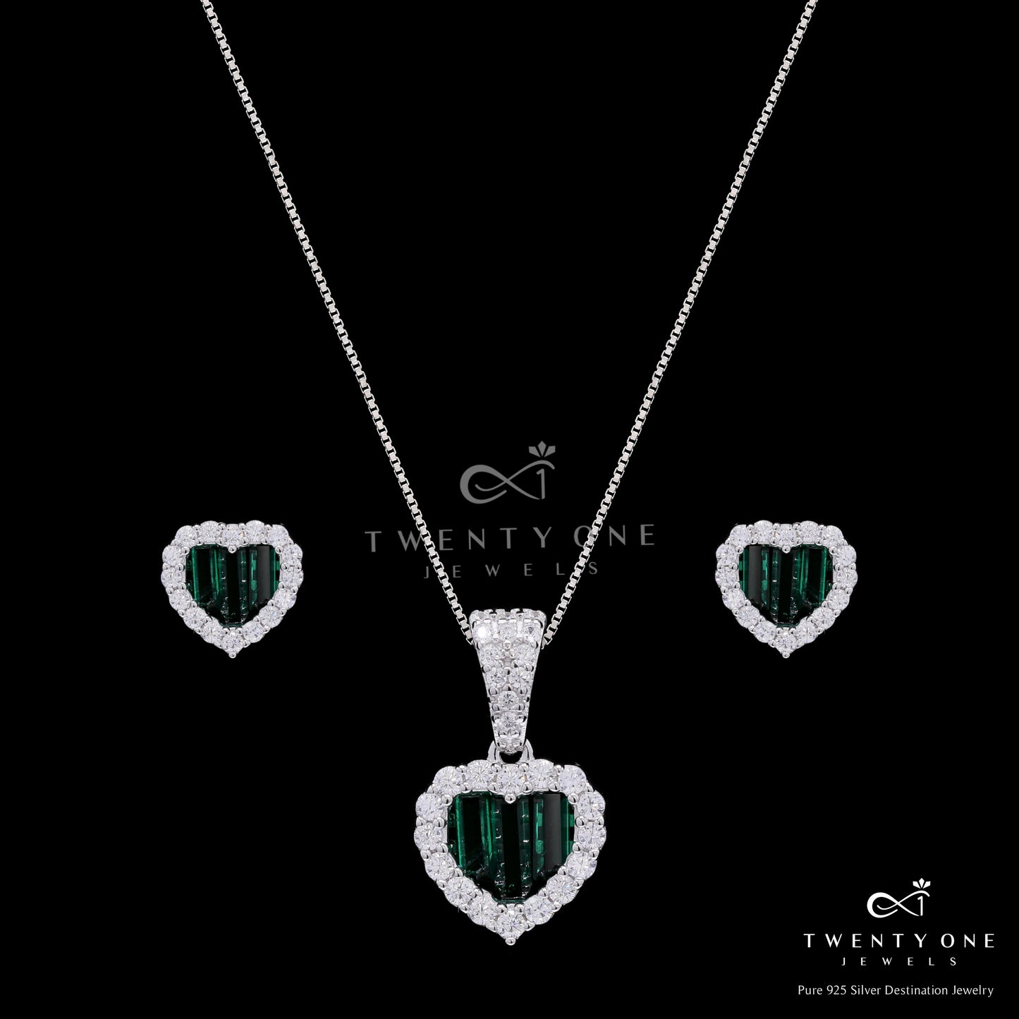 Green Emerald Baguette American Diamond Heart Pendant Set on Pure 925 Silver