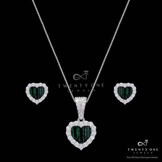 Green Emerald Baguette American Diamond Heart Pendant Set on Pure 925 Silver