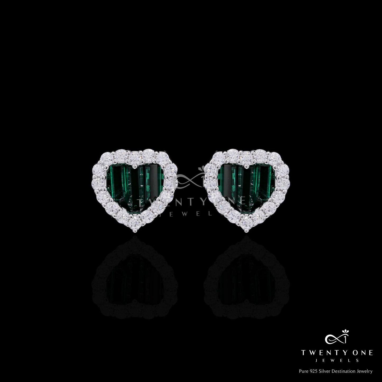 Green Emerald Baguette American Diamond Heart Pendant Set on Pure 925 Silver