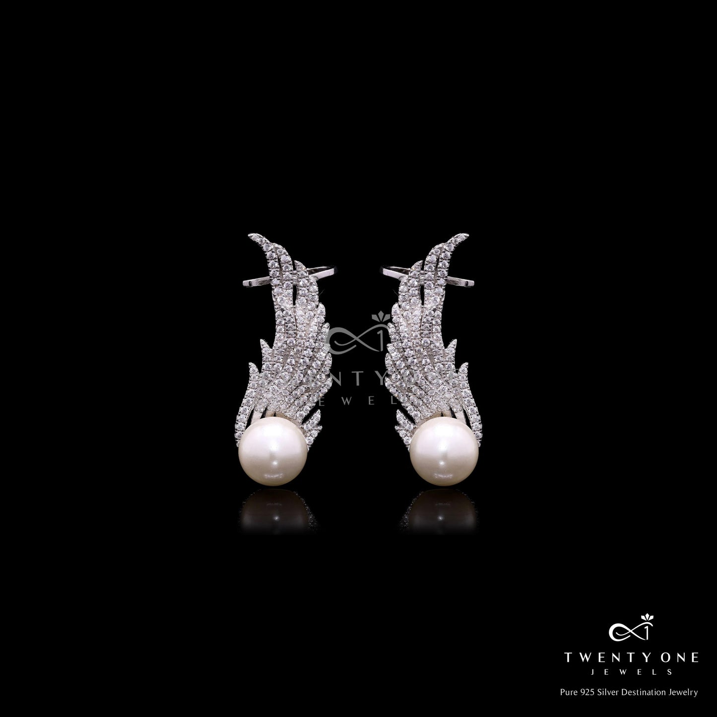 Premium American Diamond Studded Eagle Wing Cuff Earrings with Fresh Water Pearls on Pure 925 Silver