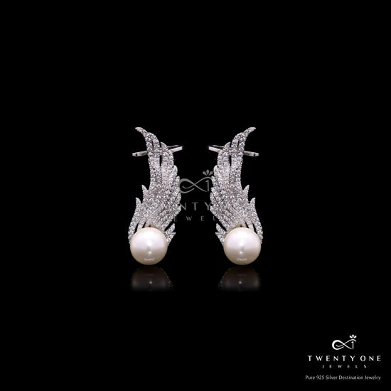 Premium American Diamond Studded Eagle Wing Cuff Earrings with Fresh Water Pearls on Pure 925 Silver