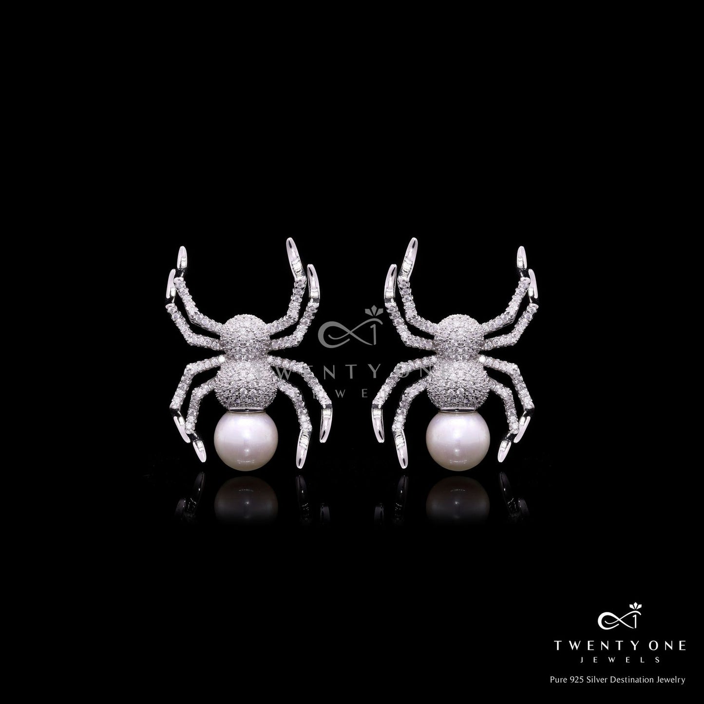 Premium American Diamond Studded Spidey Earrings with Fresh Water Pearl on Pure 925 Silver