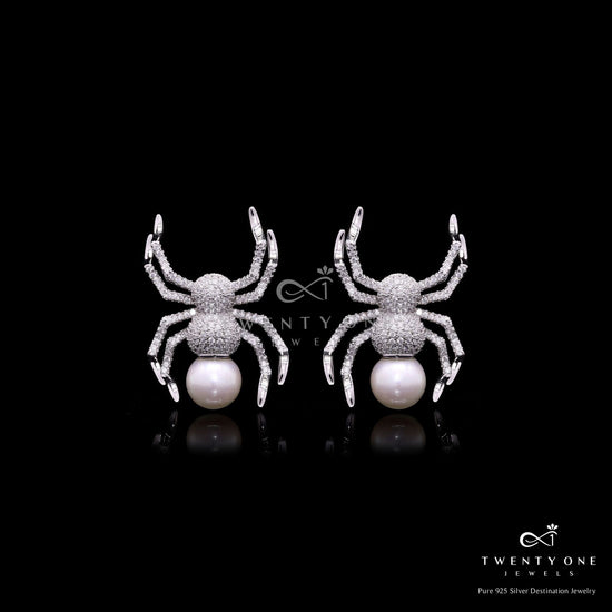 Premium American Diamond Studded Spidey Earrings with Fresh Water Pearl on Pure 925 Silver