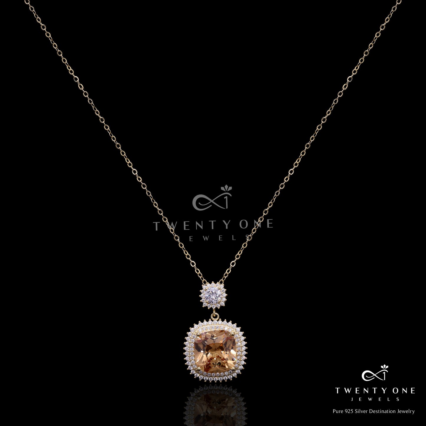 Premium American Diamond and Morganite Raya Pendant with Chain on Pure 925 Silver