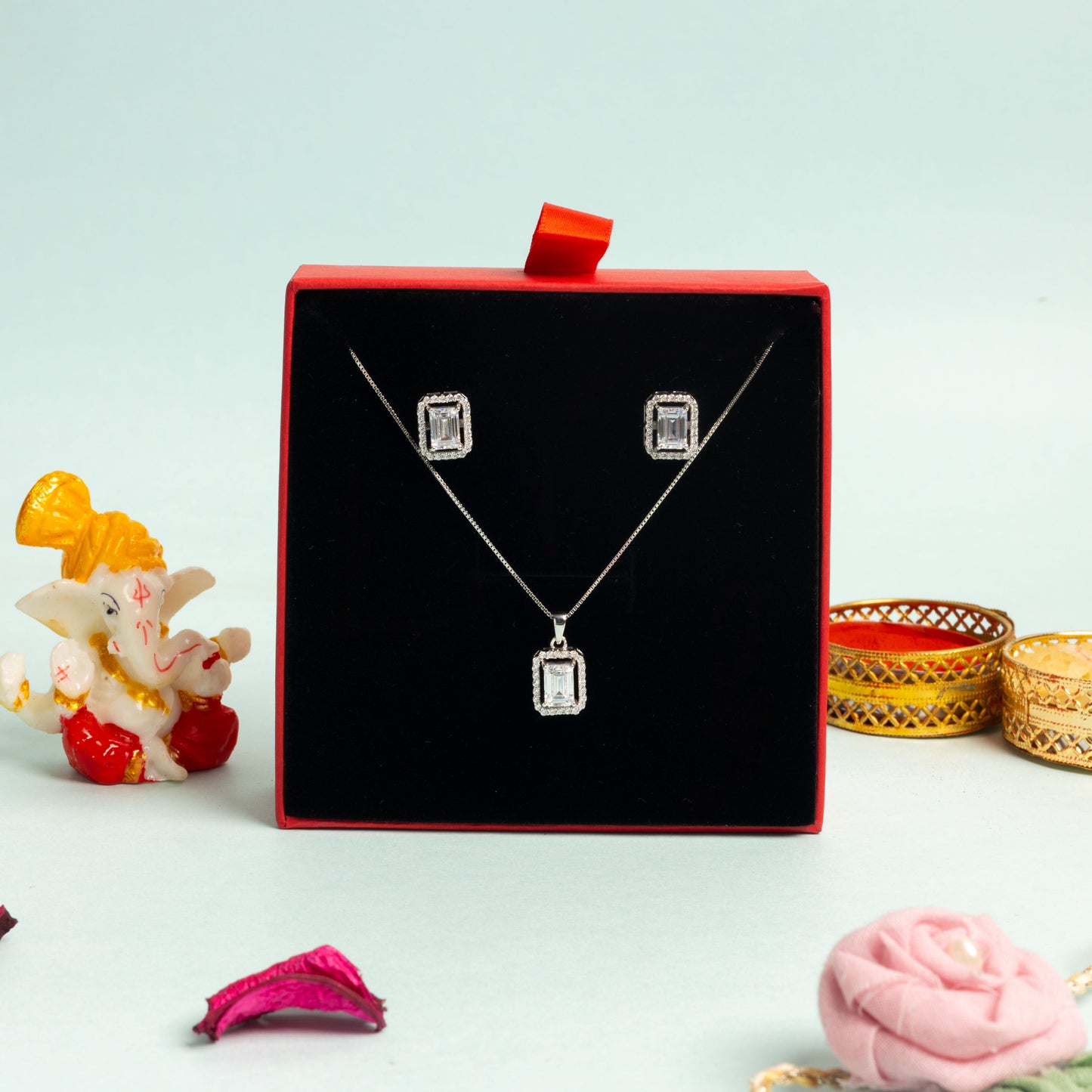 Premium 1.5 Carat Emerald Cut Solitaire Princia Pendant Set On 925 Silver with Premium Screw Back Studs