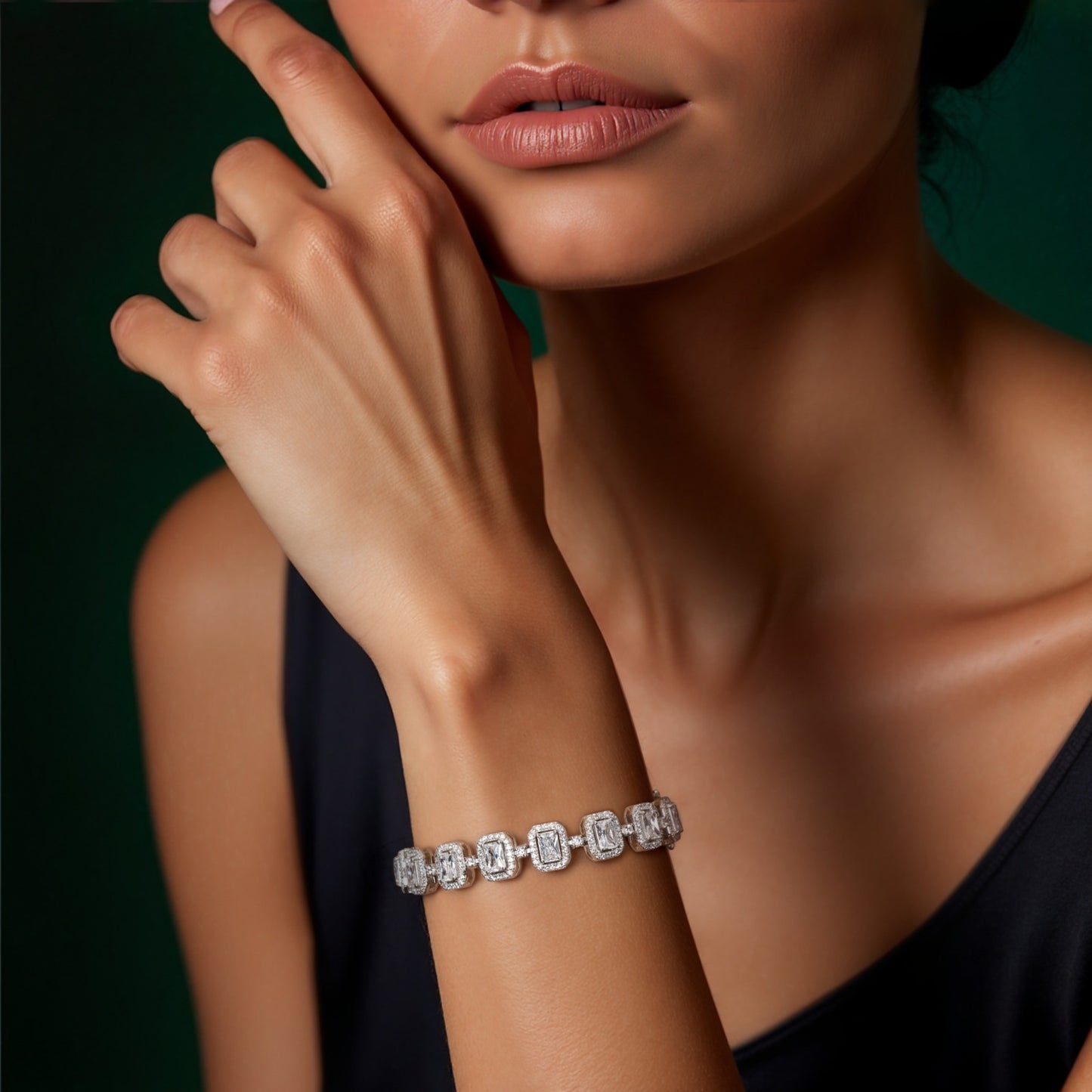 Premium Emerald Cut Solitaire Tennis Bracelet with Diamond Cluster on Pure 925 Silver.