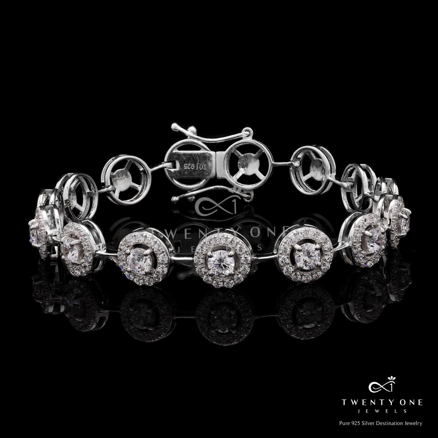 Premium Halo Tennis Bracelet with 25 Pointer Solitaires and Diamond Cluster on Pure 925 Silver