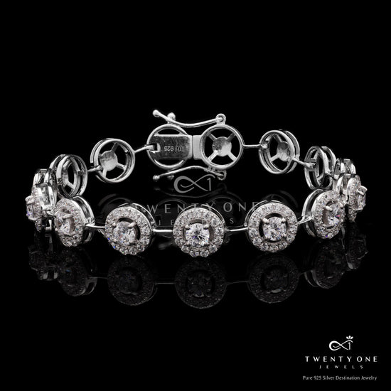 Premium Halo Tennis Bracelet with 25 Pointer Solitaires and Diamond Cluster on Pure 925 Silver