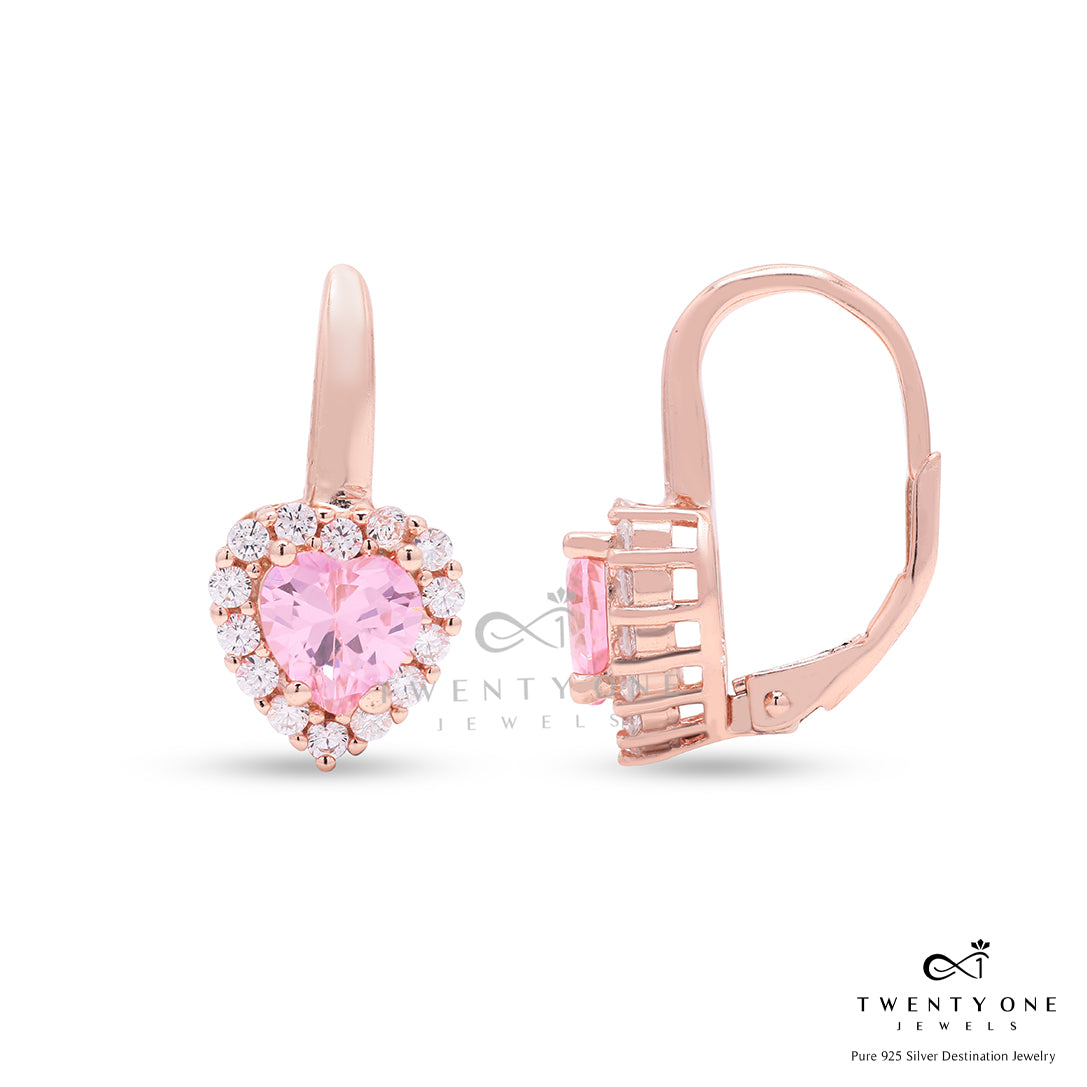 Valentines Exclusive Queenie Pink Heart Solitaire with Diamond Border Rose Gold Huggie Style Earrings on Pure 925 Silver