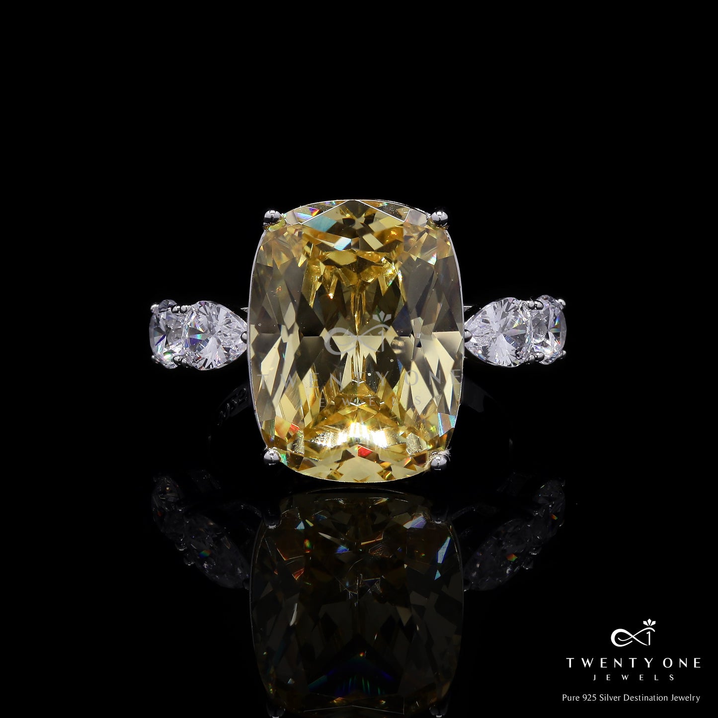 Ultra Premium Yellow Rounded Cushion Cut Solitaire Ring with Diamond Studded Band on Pure 925 Silver