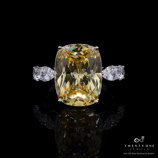 Ultra Premium Yellow Rounded Cushion Cut Solitaire Ring with Diamond Studded Band on Pure 925 Silver