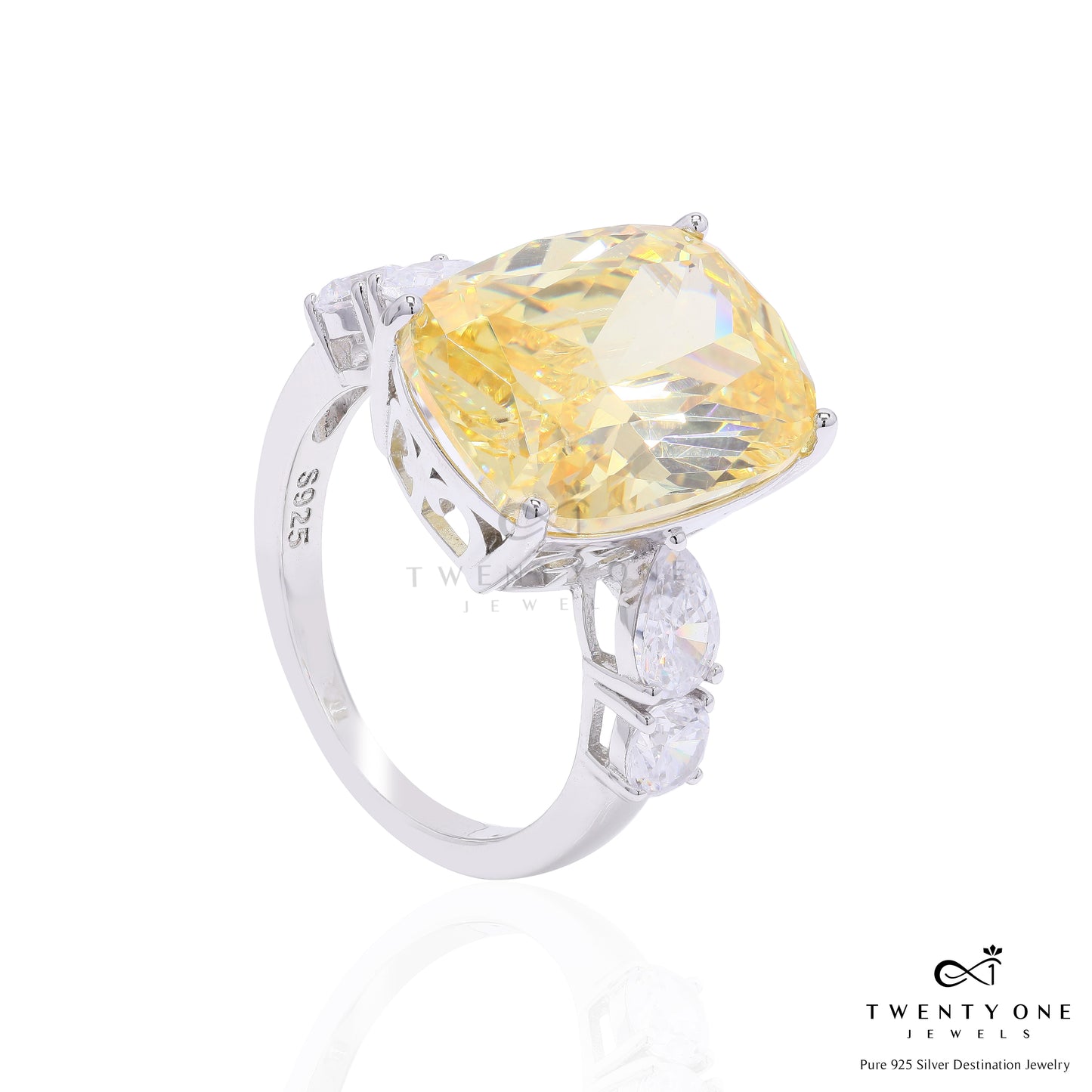 Ultra Premium Yellow Rounded Cushion Cut Solitaire Ring with Diamond Studded Band on Pure 925 Silver