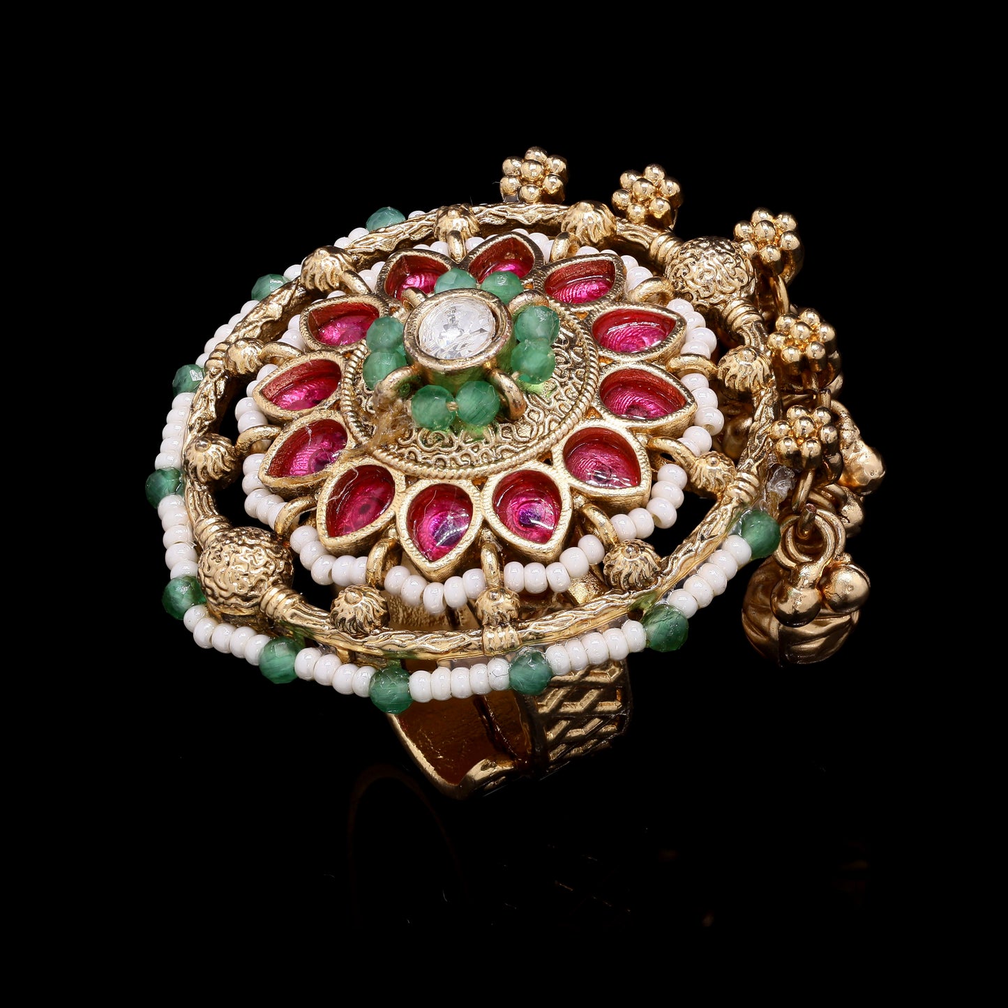 Festive Exclusive Gold Finish Ghungroo Adjustable Ring with Ruby Emerald and Pearl Detailing ( Fits all Sizes )