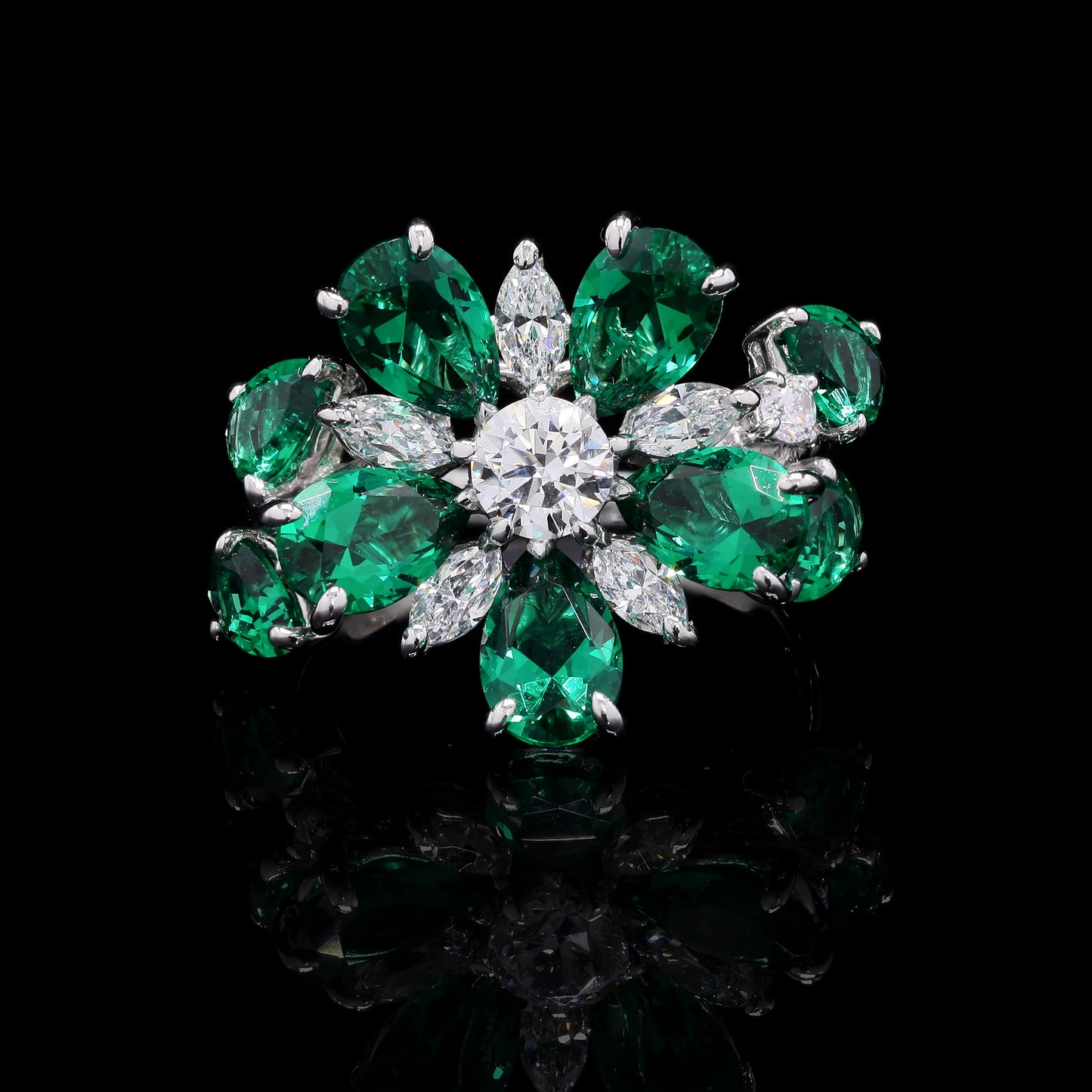 Ultra Premium Emerald Ovals and Drop Solitaire Cocktail Ring on Pure 925 Silver