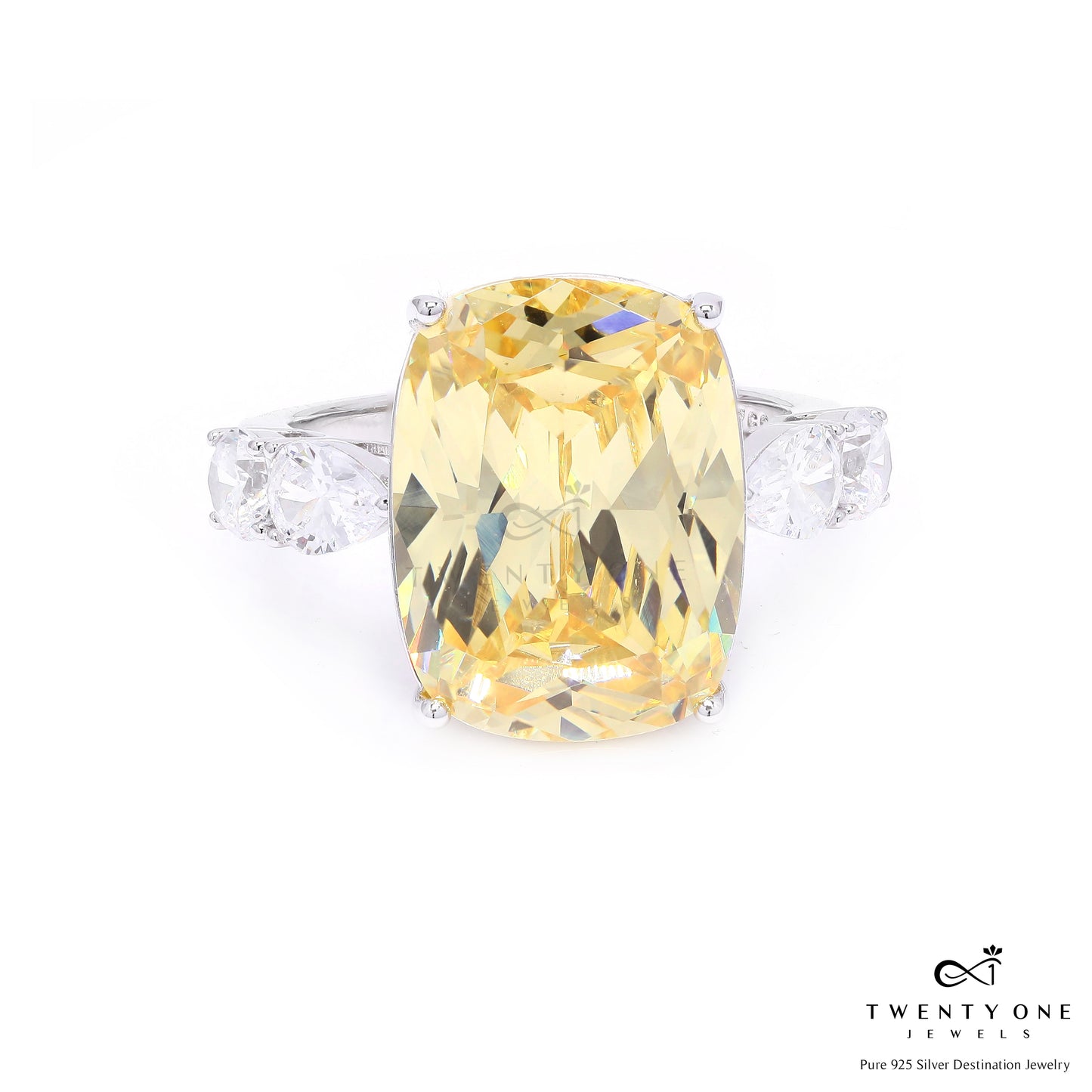 Ultra Premium Yellow Rounded Cushion Cut Solitaire Ring with Diamond Studded Band on Pure 925 Silver