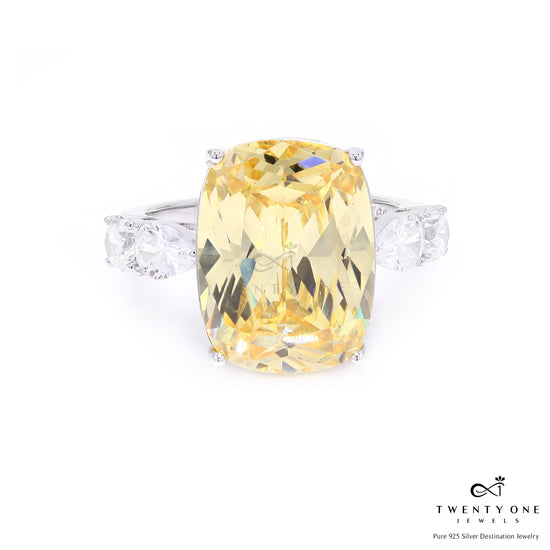Ultra Premium Yellow Rounded Cushion Cut Solitaire Ring with Diamond Studded Band on Pure 925 Silver