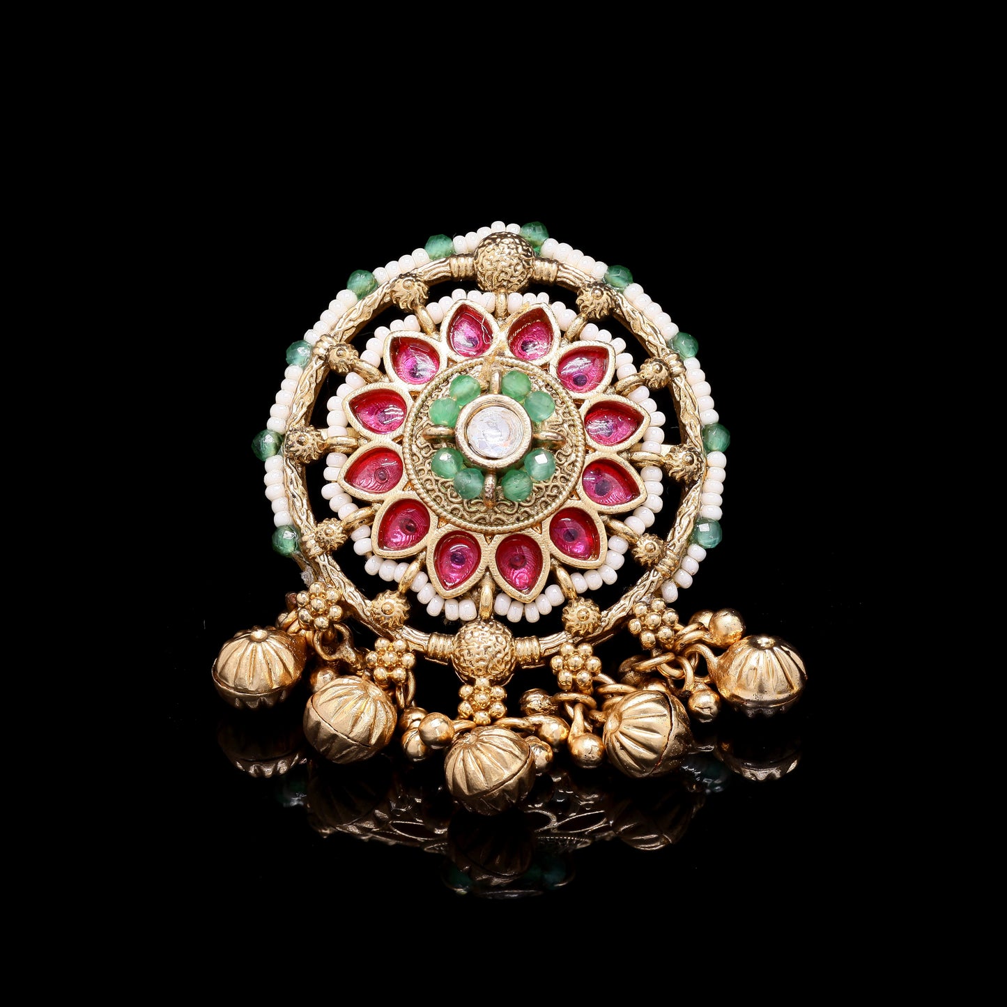 Festive Exclusive Gold Finish Ghungroo Adjustable Ring with Ruby Emerald and Pearl Detailing ( Fits all Sizes )