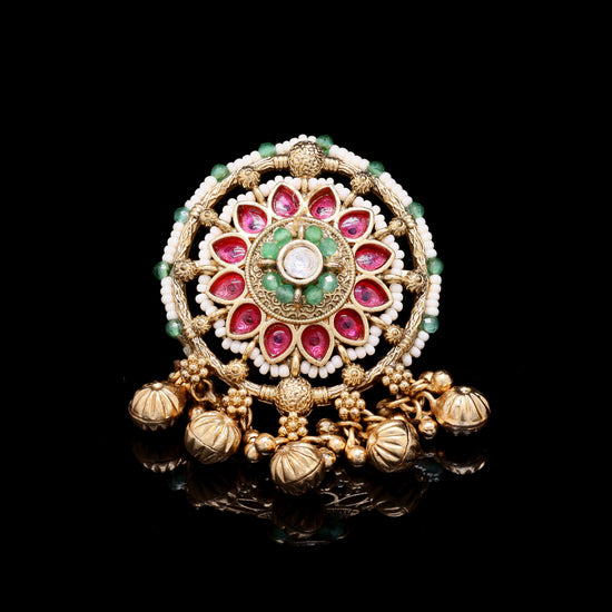 Festive Exclusive Gold Finish Ghungroo Adjustable Ring with Ruby Emerald and Pearl Detailing ( Fits all Sizes )