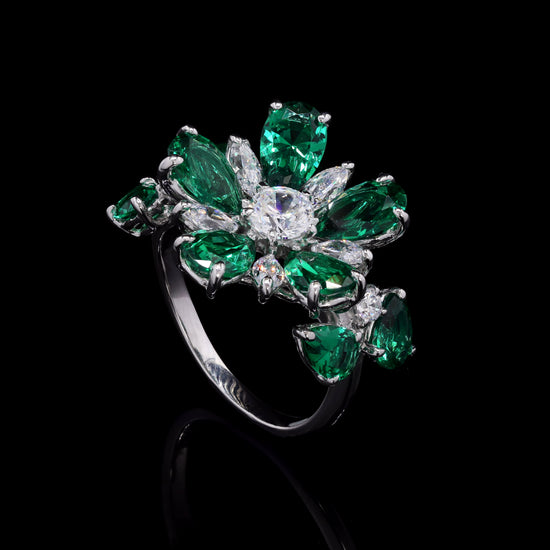 Ultra Premium Emerald Ovals and Drop Solitaire Cocktail Ring on Pure 925 Silver