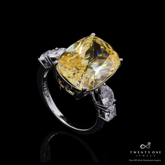 Ultra Premium Yellow Rounded Cushion Cut Solitaire Ring with Diamond Studded Band on Pure 925 Silver
