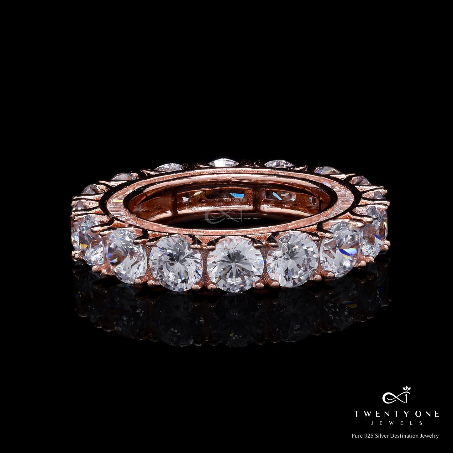 50 Pointer Solitaire Rose Gold Eternity Band Ring on Pure 925 Silver