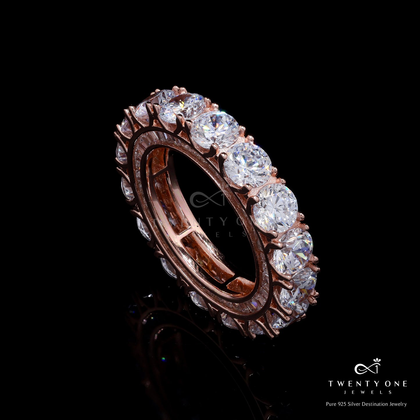50 Pointer Solitaire Rose Gold Eternity Band Ring on Pure 925 Silver