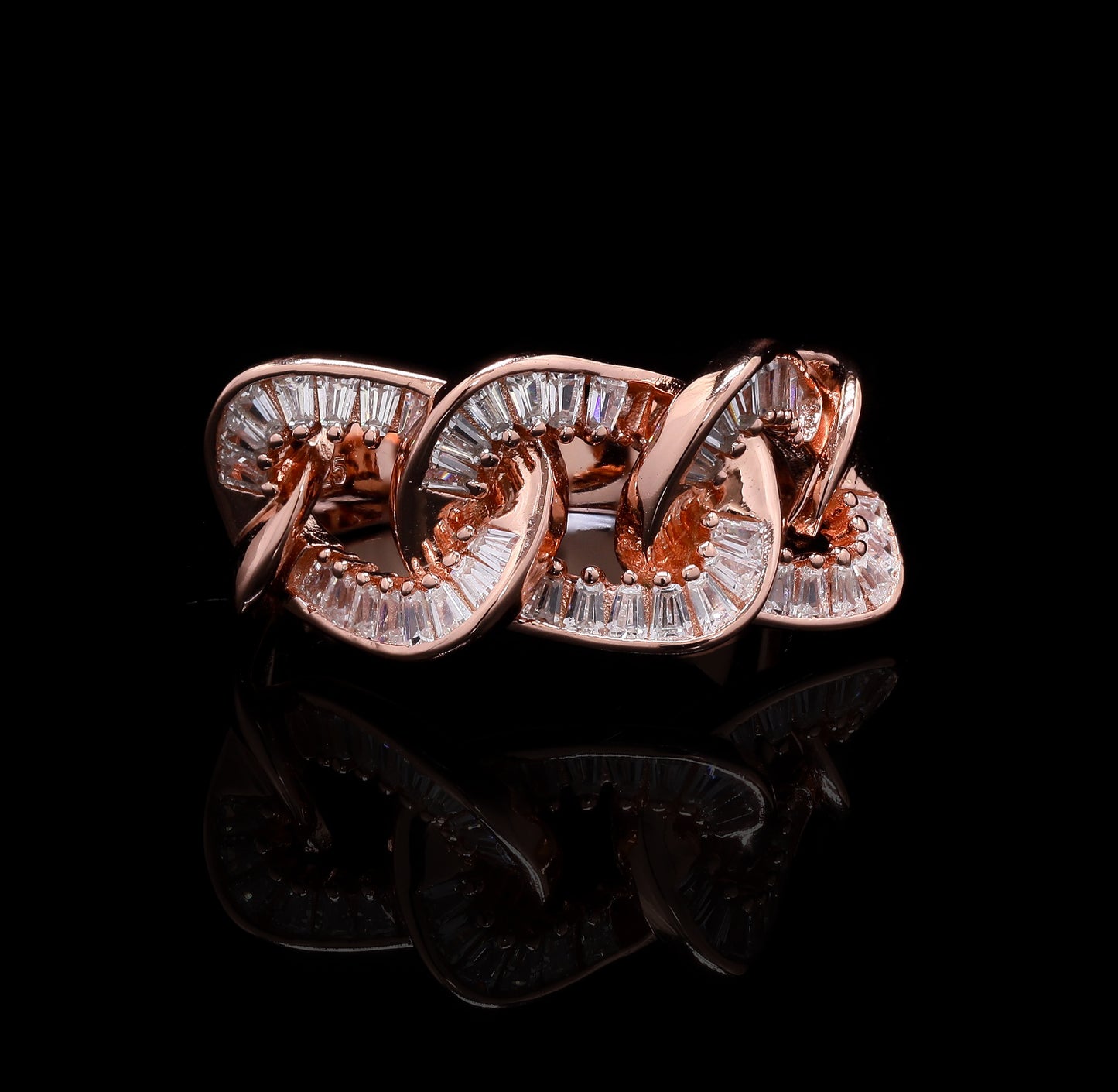 Ultra Premium Rose Gold Finish Link Ring with American Diamond Baguettes on Pure 925 Silver