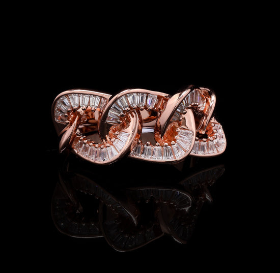 Ultra Premium Rose Gold Finish Link Ring with American Diamond Baguettes on Pure 925 Silver
