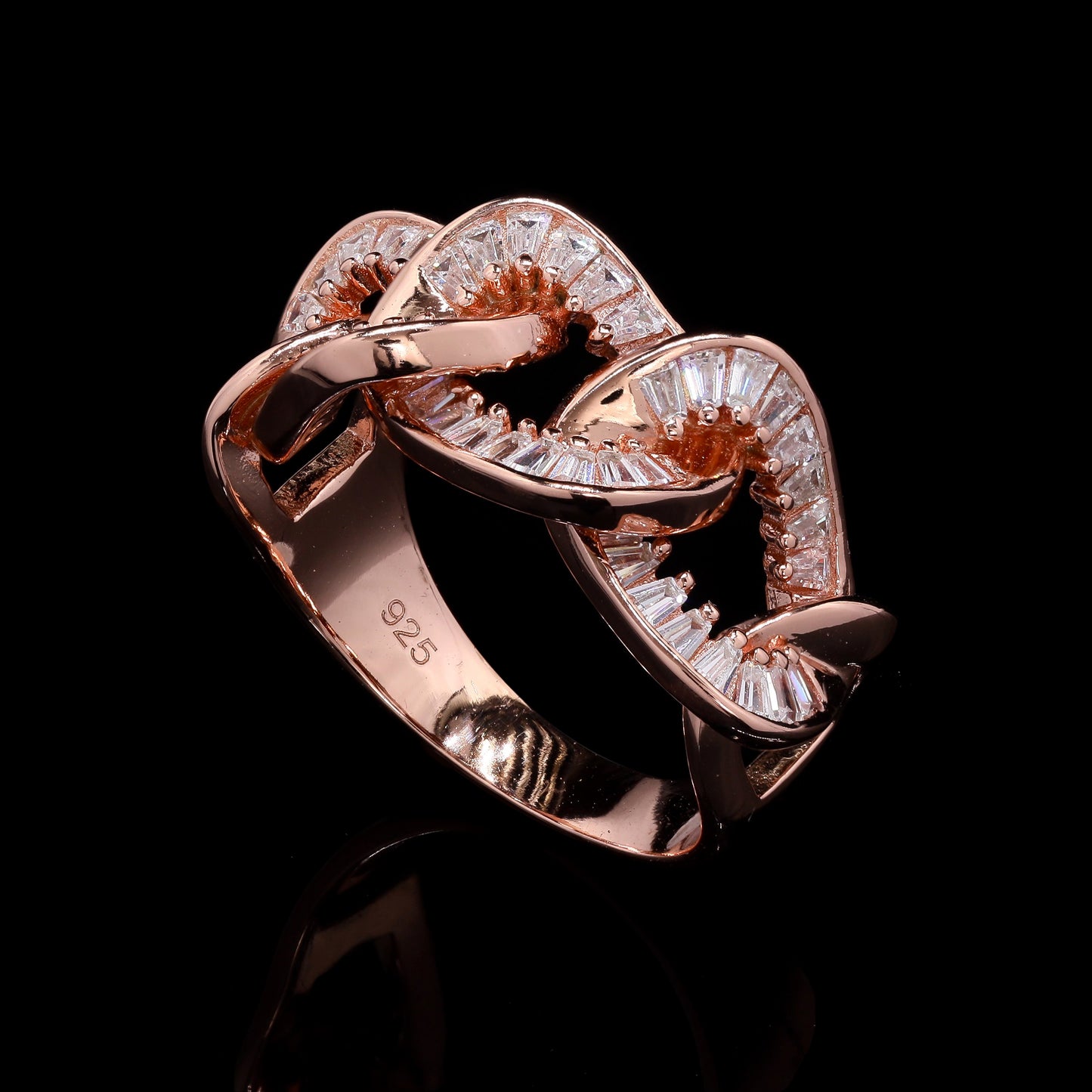 Ultra Premium Rose Gold Finish Link Ring with American Diamond Baguettes on Pure 925 Silver