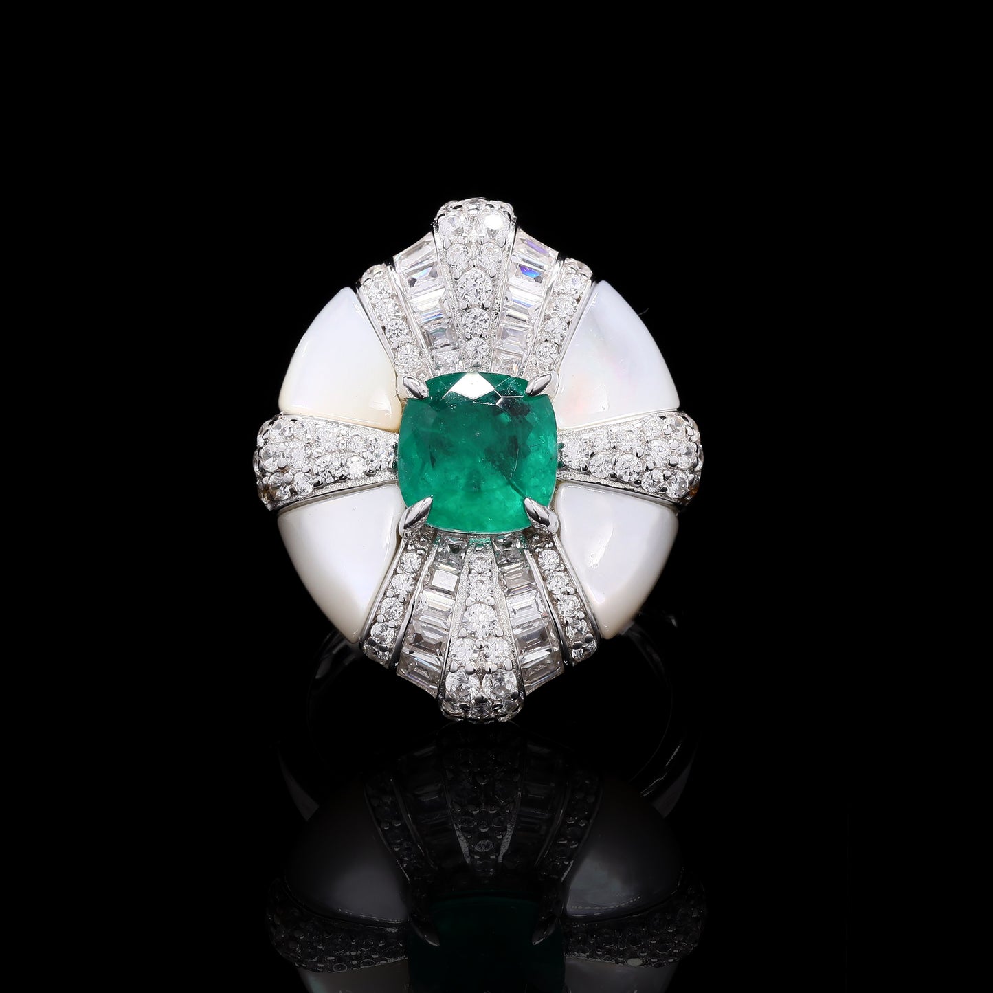 Ultra Premium Mother of Pearl Italian Setting Emerald Statement Ring on Pure 925 Silver