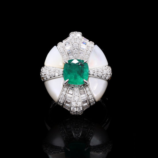 Ultra Premium Mother of Pearl Italian Setting Emerald Statement Ring on Pure 925 Silver