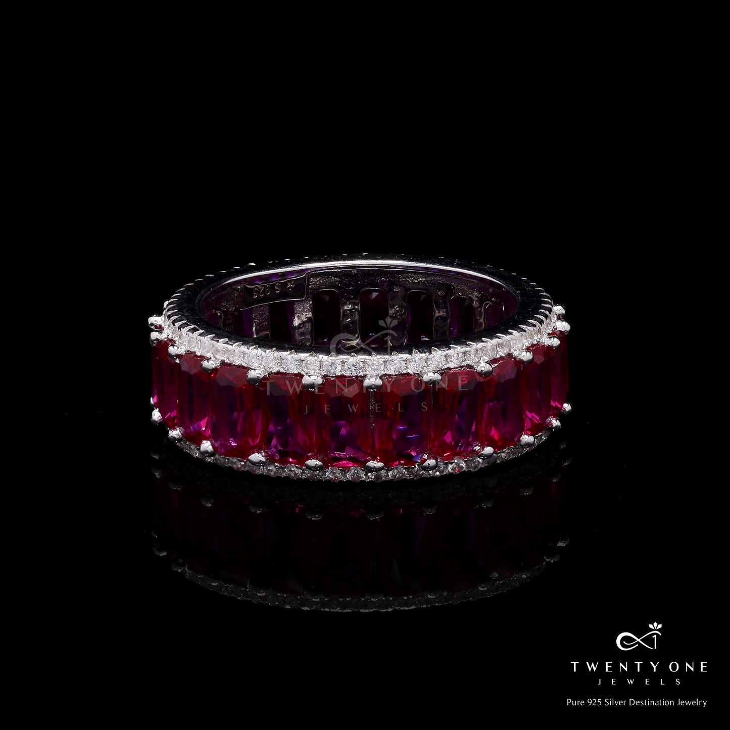 Ruby Baguette and American Diamond Studded Selah Premium Band Ring on Pure 925 Silver