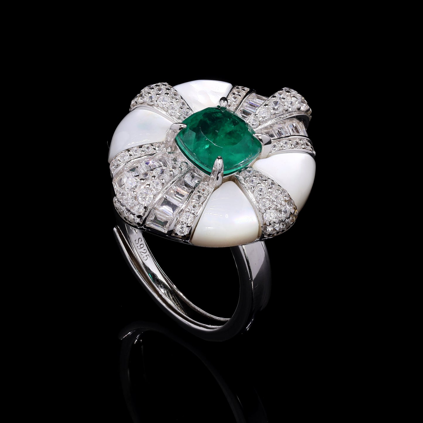 Ultra Premium Mother of Pearl Italian Setting Emerald Statement Ring on Pure 925 Silver