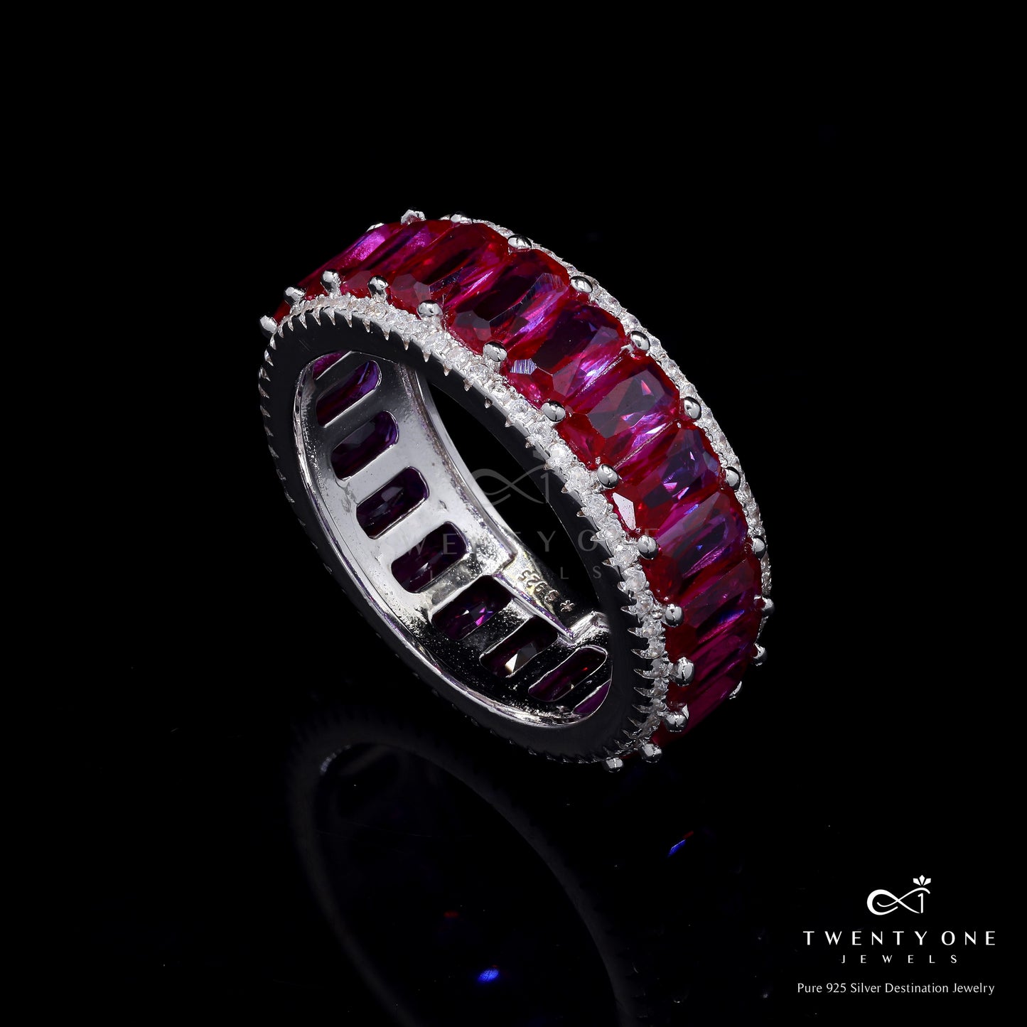 Ruby Baguette and American Diamond Studded Selah Premium Band Ring on Pure 925 Silver
