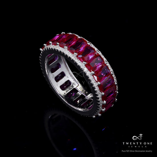 Ruby Baguette and American Diamond Studded Selah Premium Band Ring on Pure 925 Silver
