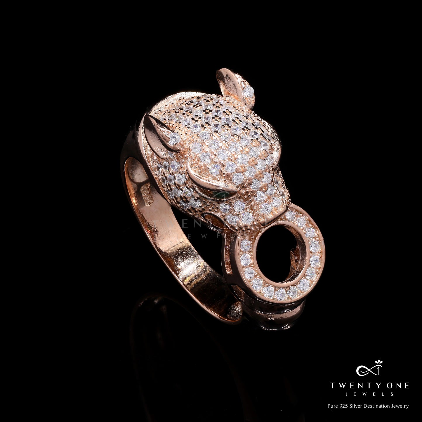 Ultra Premium Rose Gold Micro Setting Diamond Panther Duress Ring on Pure 925 Silver with Green Emerald Eye Detailing